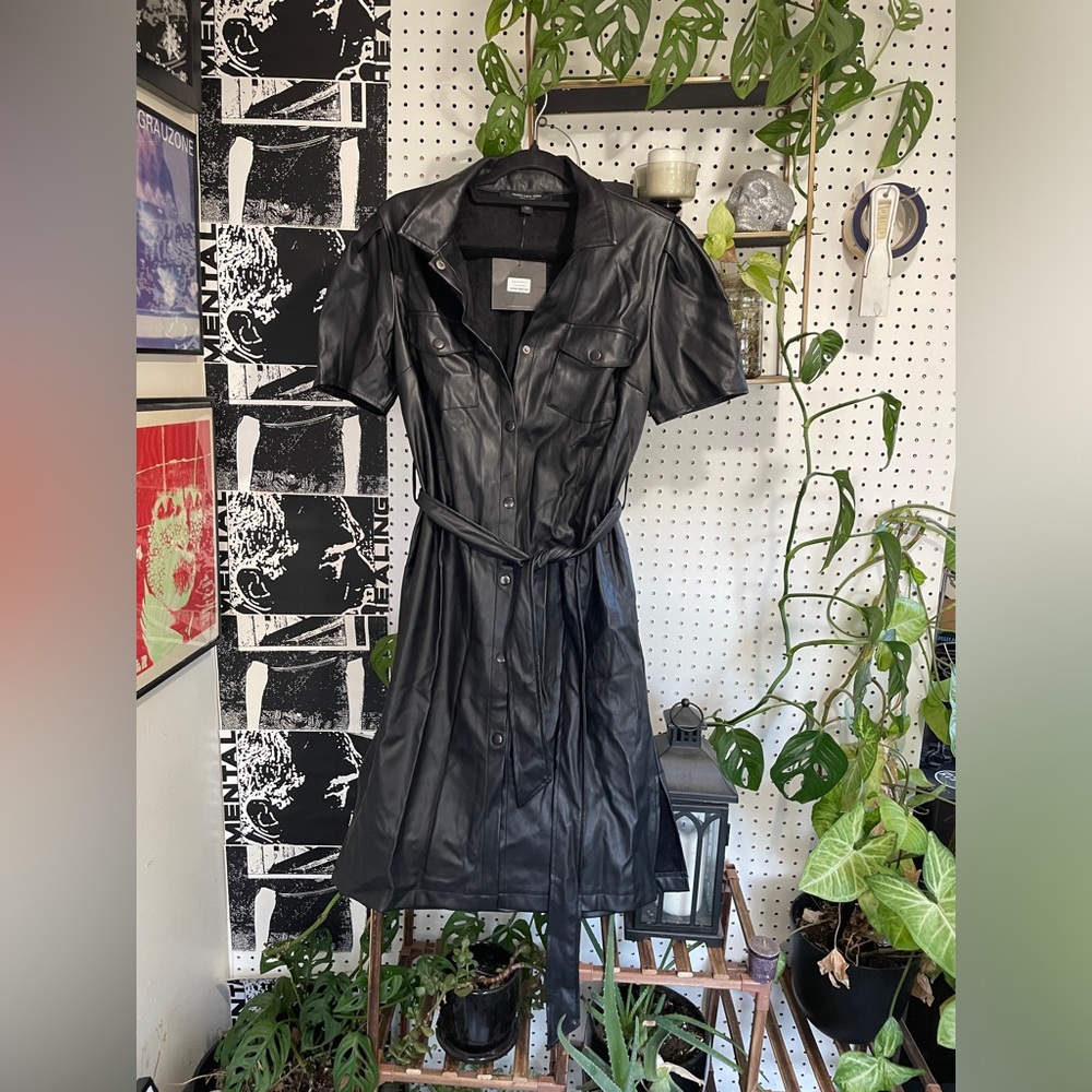 Black Vegan Leather Belted Puff Sleeve Dress